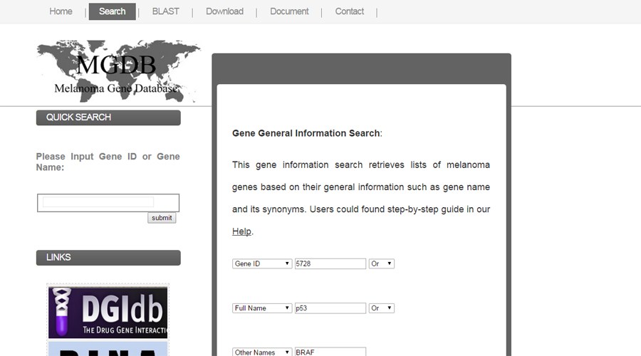 Screenshot showing the search page on the MDGB website